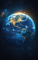 Obraz premium A stunning view of Earth from space, highlighting continents and city lights.