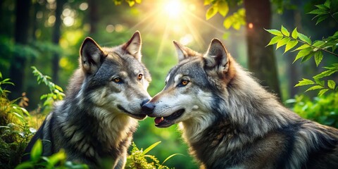 Fototapeta premium Two Happy Grey Wolves Playing in a Lush Forest Setting Surrounded by Greenery and Sunlight, Showcasing Their Playful Nature and Connection to the Wild
