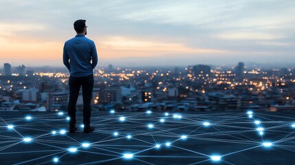 A person standing on a futuristic digital network, overlooking a city skyline at dusk, symbolizing innovation, connection, and the future of urban technology.