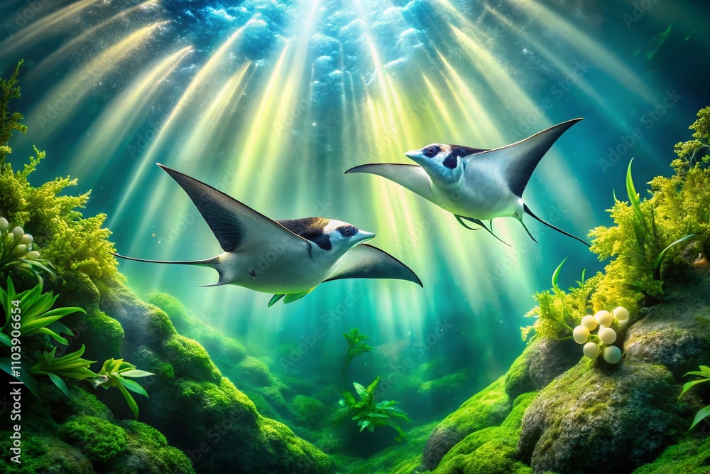 Poster underwater serenity: two manta rays gliding through crystal clear waters surrounded by lush foliage 