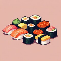 Retro Pixel Art Sushi Set in 8-Bit Style