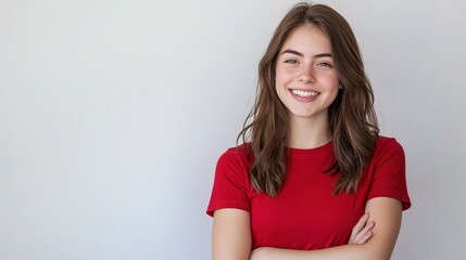 Fototapeta premium Young woman in red shirt smiling with arms folded against wall