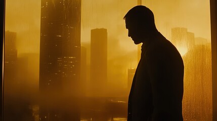 Silhouette of a Contemplative Businessman Against a Golden Urban Sunset, Capturing Moments of Reflection and Solitude in a Modern City Landscape