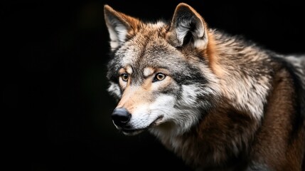 Fototapeta premium Close-up portrait of a wolf with thick fur and intense gaze against a dark background, showcasing detailed facial features and natural coloring