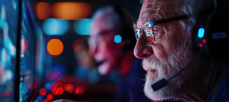 Elderly men gaming with headsets in dimly lit room