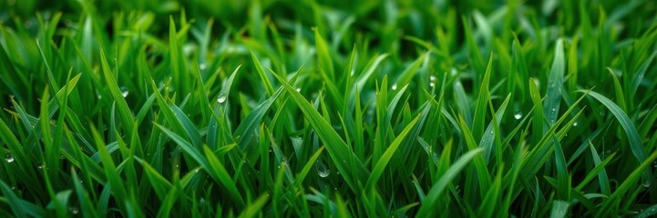 Obraz premium Lush green grass texture background with dew drops, vibrant, natural