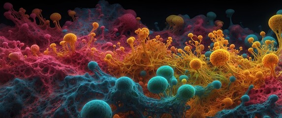 Abstract organic shapes with vibrant neon colors resembling microscopic cells or biological structures in a dark background. 