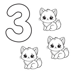 Number 3 coloring page for kids featuring three adorable kittens. Fun and educational worksheet for learning