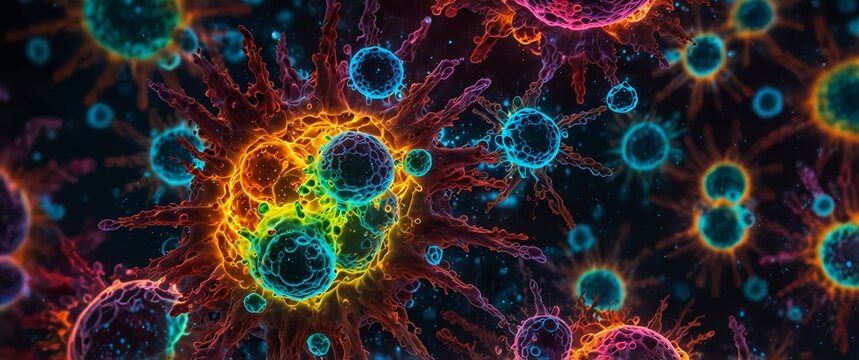 Abstract organic shapes with vibrant neon colors resembling microscopic cells or biological structures in a dark background. 