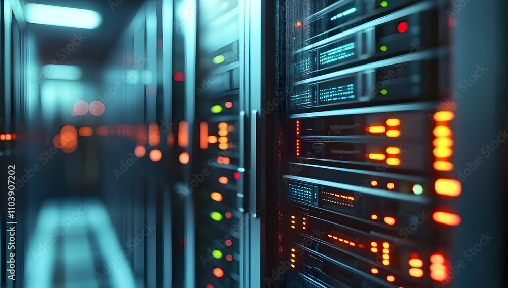Aufkleber modern rack led console in server room data center. generative ai.