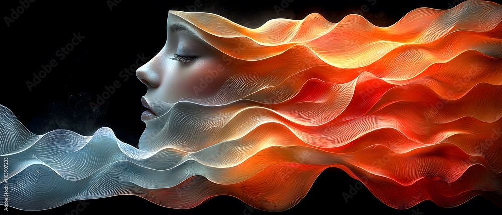 Poster abstract representation of a woman's profile with flowing waves of vibrant colors, symbolizing emoti