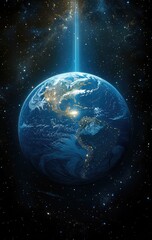Fototapeta premium A vibrant depiction of Earth illuminated in space, highlighting human settlements at night.