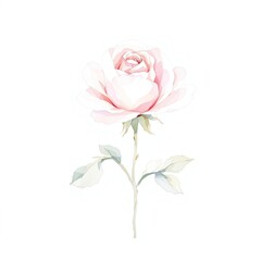 Watercolor illustration of a single rose in soft pastel shades, set against a simple white background, pastel colors, simple design, watercolor painting, rose illustration, elegant illustrations