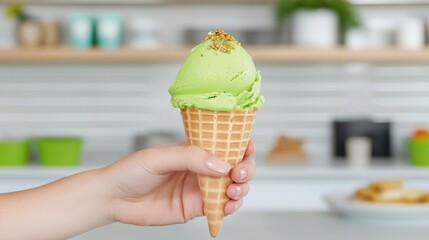 A hand holding a cone of green ice cream, topped with a sprinkle, set against a light kitchen background.