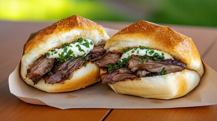 Juicy beef sandwiches with creamy sauce and herbs nestled in soft, golden buns, perfect for a hearty meal or snack.