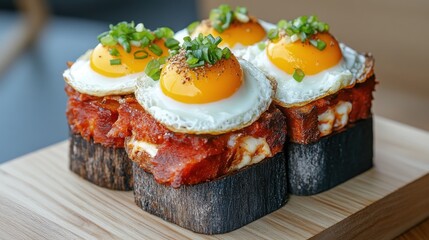 A gourmet dish featuring three perfectly cooked eggs on a savory base, garnished with herbs, presented on a wooden board.