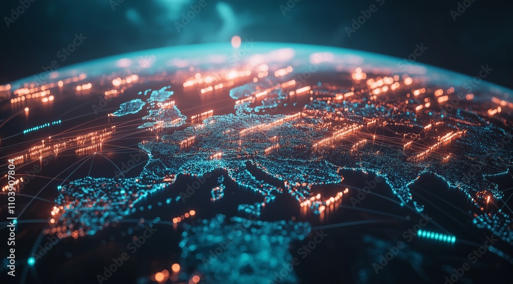 Aufkleber illustration of the globe, surrounded by lines of neural connections and digital data. technological