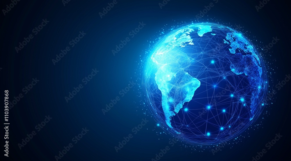 Poster illustration of the globe, surrounded by lines of neural connections and digital data. technological