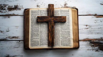 A wooden cross resting on an open Bible, symbolizing faith and the profound meaning of its words. The scene is set against a clean, white wood-paneled background, creating a serene and spiritual atmos