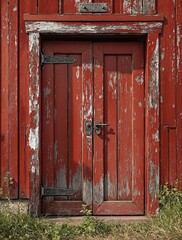 Weathered red wooden door with iron hinges and a rusty doorknob on a rural farm, worn exterior, old furniture, weathered wood, rusty doorknob, iron hinges