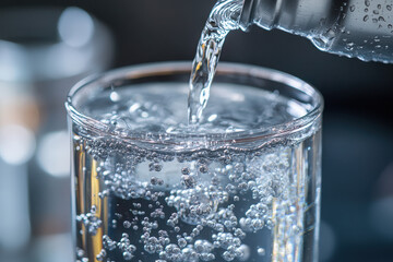A bottle pouring sparkling water into a glass, creating bubbles and a refreshing drink.