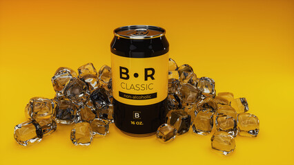 A can with a drink among ice cubes on a yellow background.