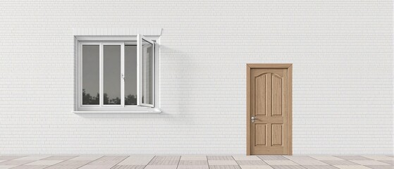 White brick wall with a large window and wooden door, window details, interior feature