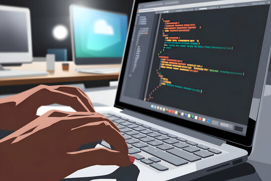 Closeup person&rsquo;s hands typing on a laptop, with code editor displayed on screen