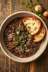 bowl of refried black beans garnished with fresh herbs and served with toasted bread. This hearty dish is perfect for comforting meal