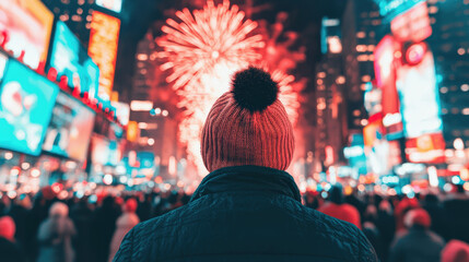 Tourist watching fireworks exploding over times square in new york city during new year's eve