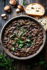bowl of refried black beans garnished with fresh cilantro, served with slices of bread and mushrooms on rustic wooden table