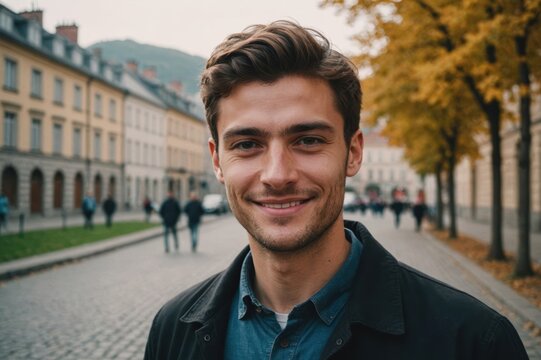 Close portrait of a smiling young Georgian man looking at the camera, Georgian city outdoors  blurred background