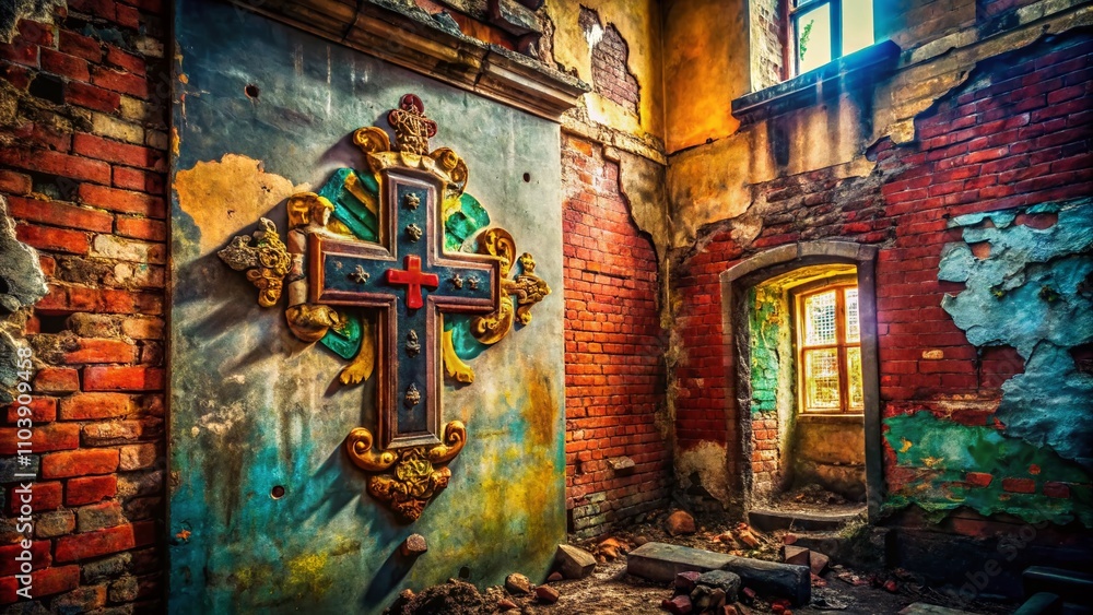 Poster urban exploration photography featuring a distinctive heraldry cross in an abandoned building settin
