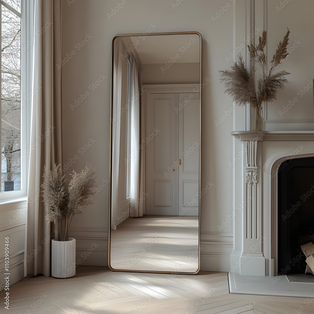 Poster a large, full-length mirror with a brass frame, standing on the floor in front of a fireplace and be