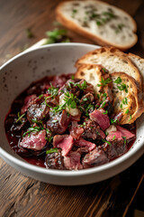 white bowl filled with dark red meat stew, garnished with herbs, served with slices of bread. rich colors and textures create warm, inviting atmosphere