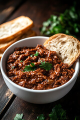 white bowl filled with meat spread, garnished with herbs, served with bread slices. Perfect for hearty meal or appetizer