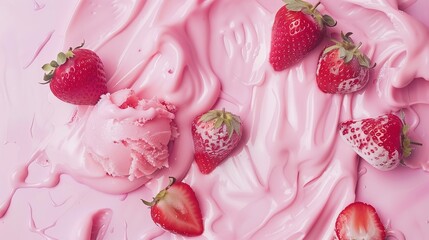 Pink Dessert Delight - Fresh Strawberry Ice Cream on Display. A delectable and vibrant visual showcasing the charm of strawberry ice cream against a pink background.