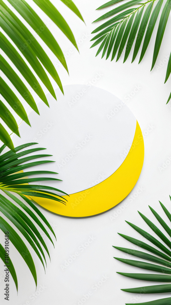 Poster empty yellow circle against a white background surrounded by isolated green palm leaves is ideal for