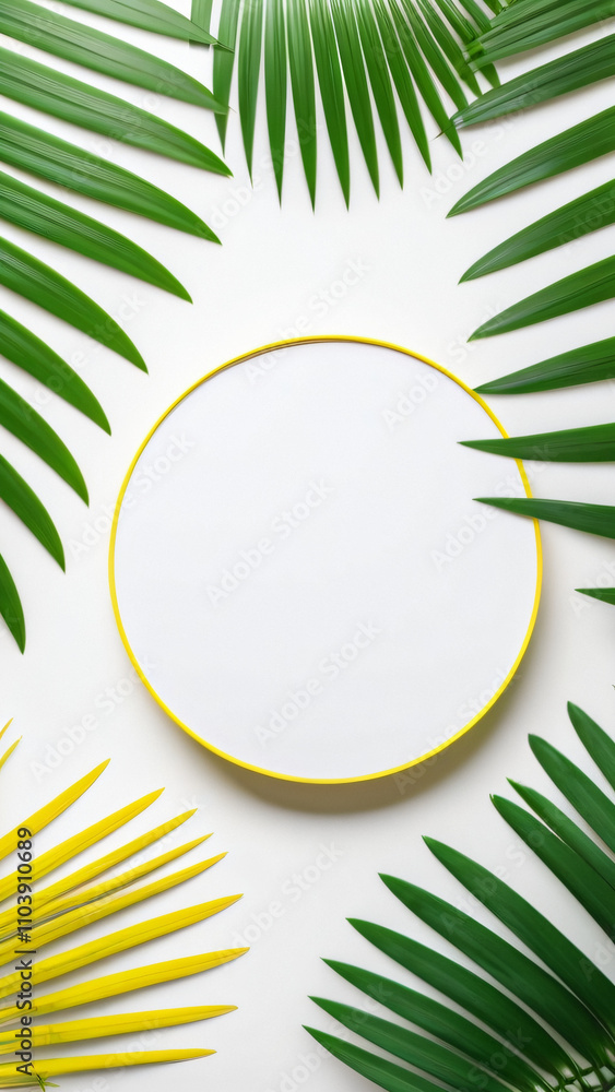 Poster empty yellow circle against a white background surrounded by isolated green palm leaves is ideal for