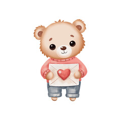 Bear with an envelope and a heart in his paws, illustration for Valentine's Day 