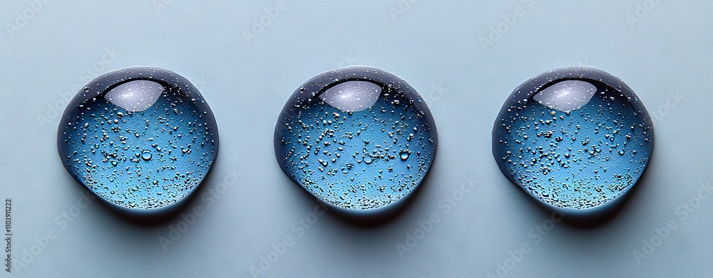 Poster raindrops spread over a glass window or a smooth gray surface, creating transparent crystal spheres 