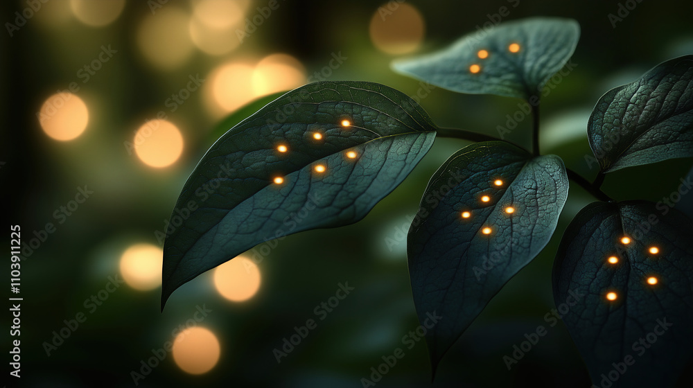 Poster glowing leaves against soft bokeh lights create an enchanting atmosphere in a serene forest setting 