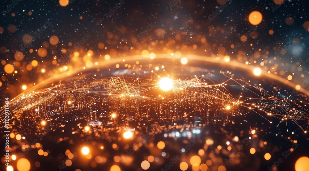 Poster illustration of the globe, surrounded by lines of neural connections and digital data. technological