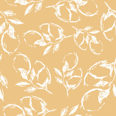 seamless pattern with lemons and lemon branches in sketch style drawn with white lines on yellow background, for textile, packaging or various patterns