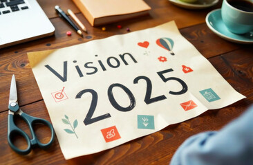 A person crafts a vision board for 2025 surrounded by stationery, a laptop, and a cup of coffee on a wooden table