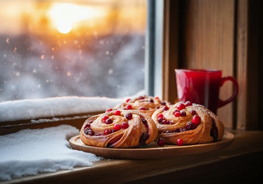 BAKED GOODS GARNISHED WITH FRESH WINTER BERRIES (LIKE CRANBERRIES ) AGAINST A SNOWY BACKDROP FOR NATURAL BEAUTY.