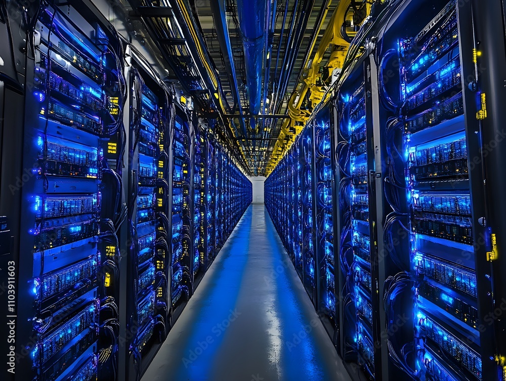 Poster a corridor of server racks illuminated by blue lights in a data center.