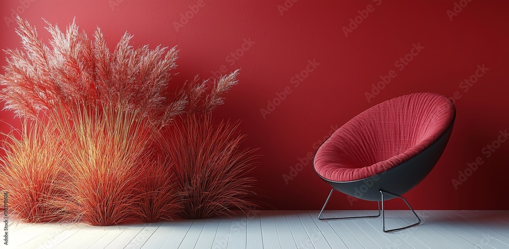 Poster a simple circular podium stands in front of a deep red studio backdrop, with a curved archway door a
