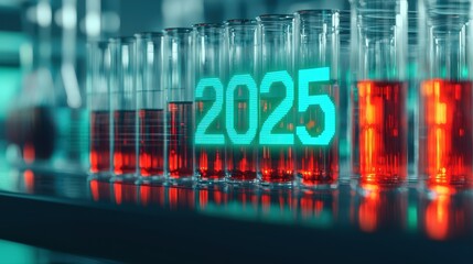 Test tubes with red liquid and glowing 2025 for scientific research.