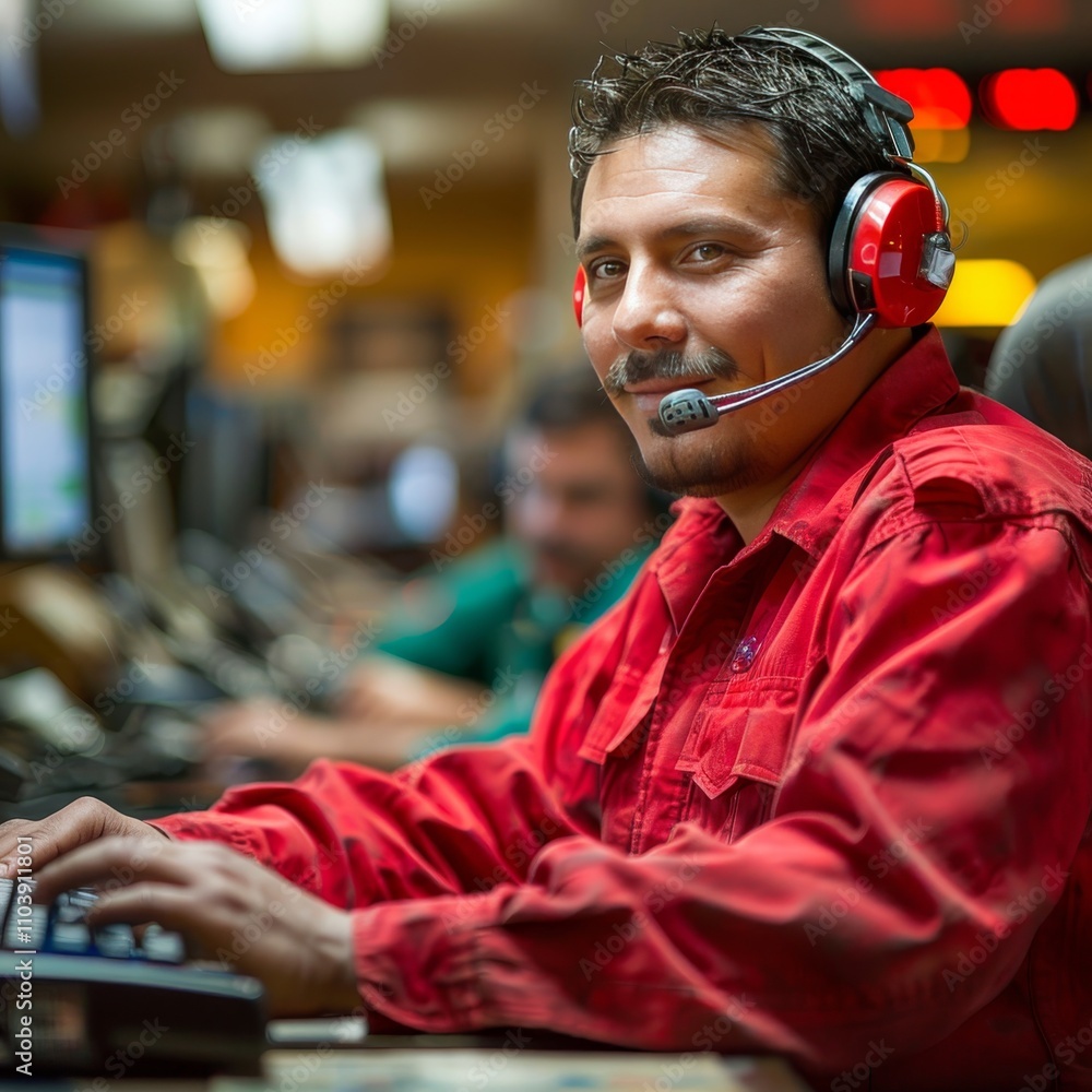 Poster a man in a red shirt uses a headset while working at a computer in a bustling call center. the atmos